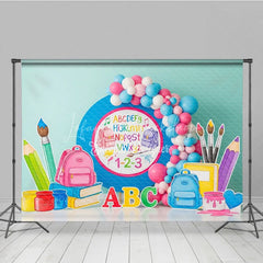 Lofaris ABC 123 Back To School Backdrop Blue Circle Backpacks Paintbrushes Background Preschool Photography Banner