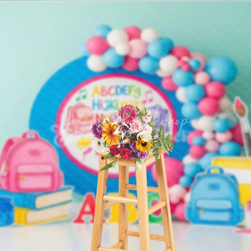 Lofaris ABC 123 Back To School Backdrop Blue Circle Backpacks Paintbrushes Background Preschool Photography Banner