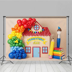 Lofaris ABC Graduation Schoolhouse Backdrop Rainbow Balloons Paintbrush Pencil Background Preschool Photography Prop