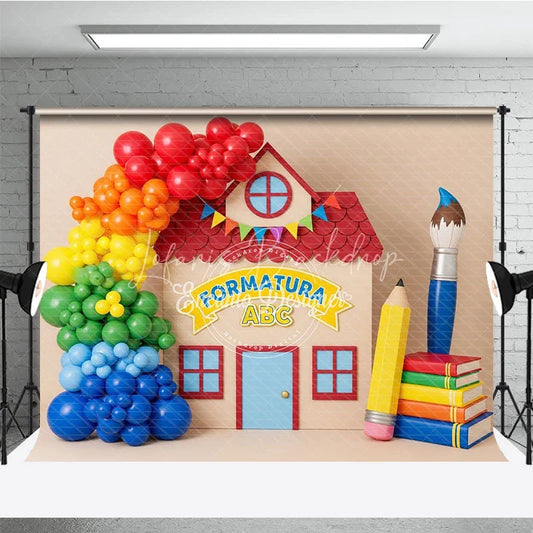 Lofaris ABC Graduation Schoolhouse Backdrop Rainbow Balloons Paintbrush Pencil Background Preschool Photography Prop