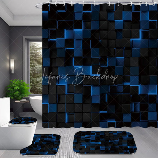 Lofaris Abstract 3D Blue and Black Cube Shower Curtain Set, 4 Piece Futuristic Geometric Geometric Bathroom Decor