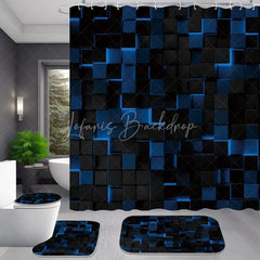 Lofaris Abstract 3D Blue and Black Cube Shower Curtain Set 4 Piece Futuristic Geometric Bathroom Decor