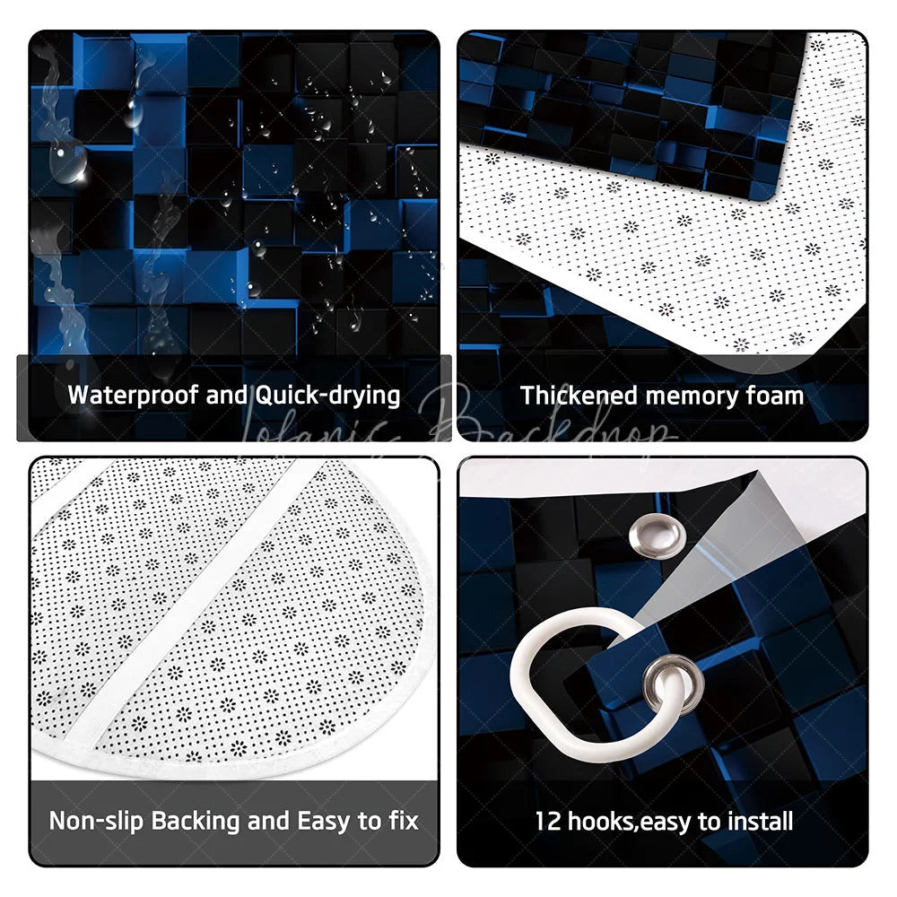 Lofaris Abstract 3D Blue and Black Cube Shower Curtain Set 4 Piece Futuristic Geometric Bathroom Decor