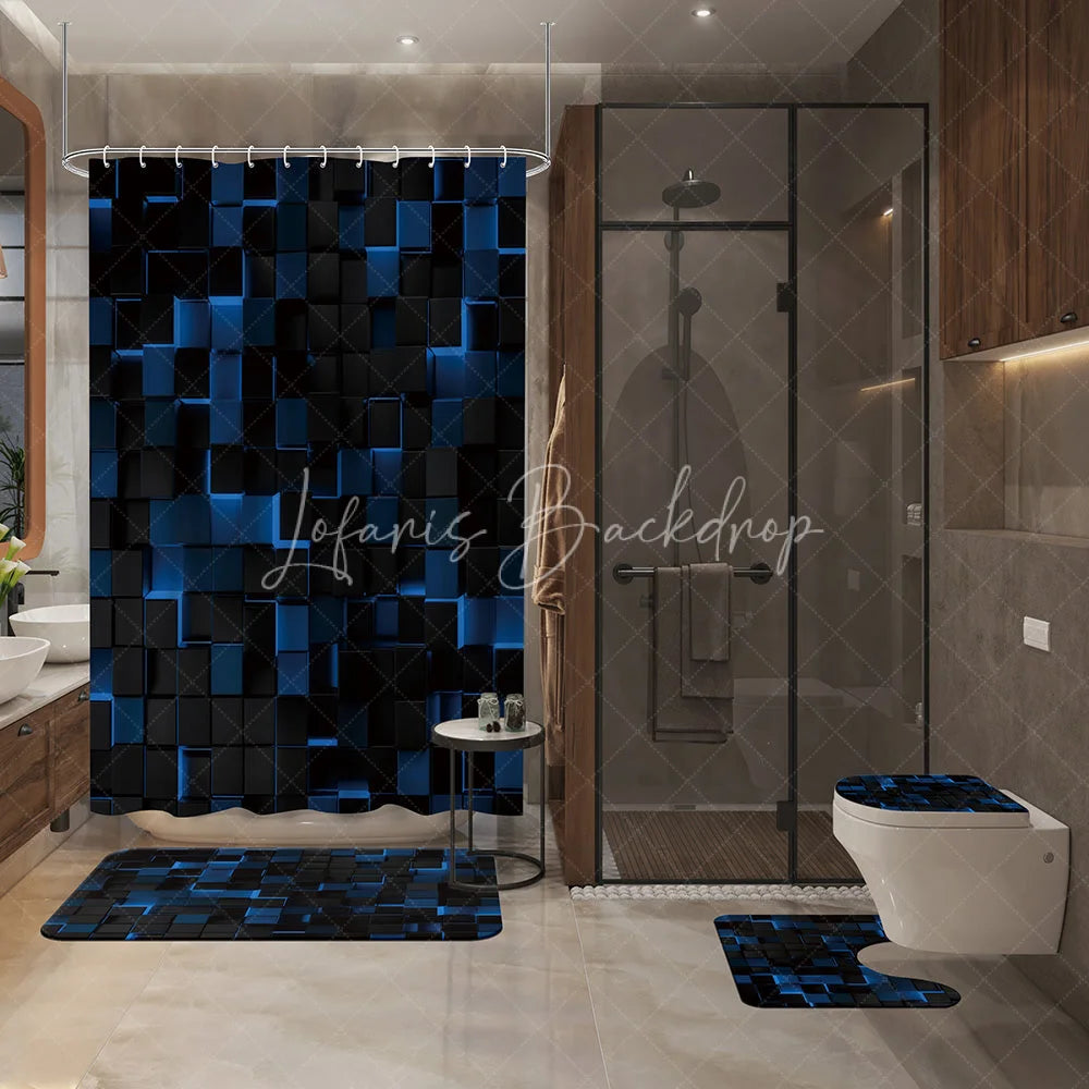 Lofaris Abstract 3D Blue and Black Cube Shower Curtain Set 4 Piece Futuristic Geometric Bathroom Decor