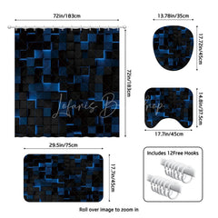 Lofaris Abstract 3D Blue and Black Cube Shower Curtain Set 4 Piece Futuristic Geometric Bathroom Decor