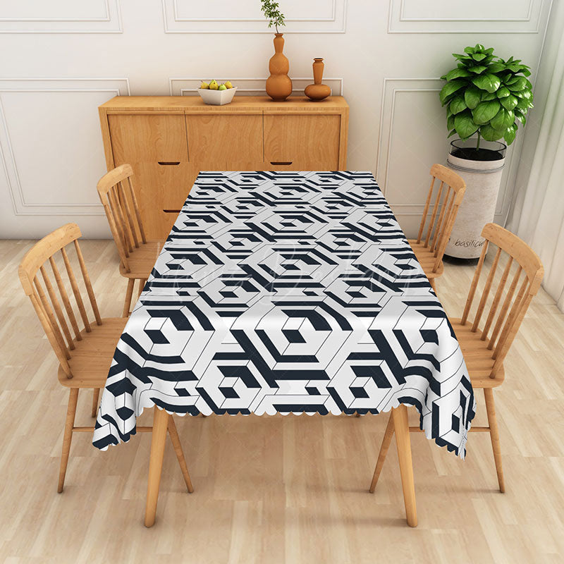 Lofaris Abstract Black and White Geometric Rectangle Tablecloth for Modern Contemporary Dining Room Decor