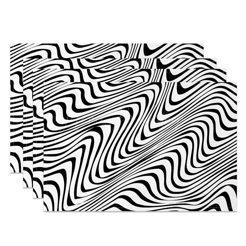 Lofaris Abstract Black and White Wavy Line Set of 4 Placemats for Modern Minimalist Contemporary Dining