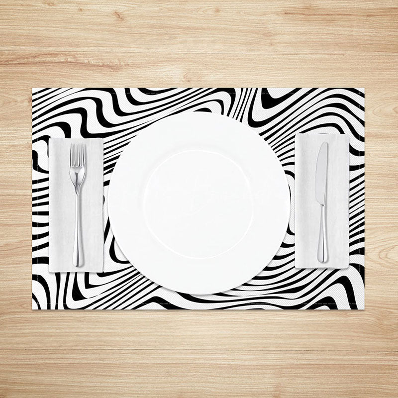 Lofaris Abstract Black and White Wavy Line Set of 4 Placemats for Modern Minimalist Contemporary Dining