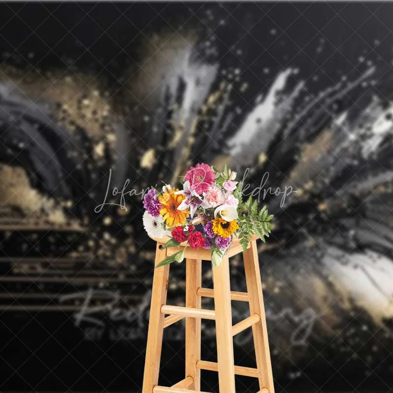 Lofaris Abstract Black Gold Splatter Fine Art Backdrop Thick Paint Strokes Studio Portrait Photography Background