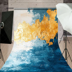 Lofaris Abstract Blue and Gold Foil Sweep Backdrop Elegant Artistic Texture for Party Modern Luxury Photo Background