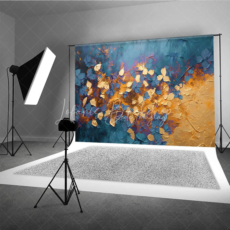Lofaris Abstract Blue Gold Leaves Backdrop Dark Teal Plant Foil Texture Background Artistic Photography Prop