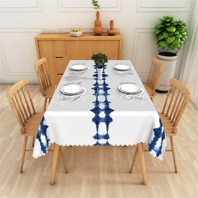 Lofaris Abstract Blue Tie Dye Pattern rectangle tablecloth with Scalloped Edge Modern Dining Table Decor for Home