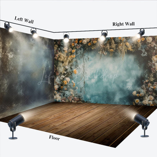 Lofaris Abstract Blue Wall Floral Wood Floor Room Set Backdrop