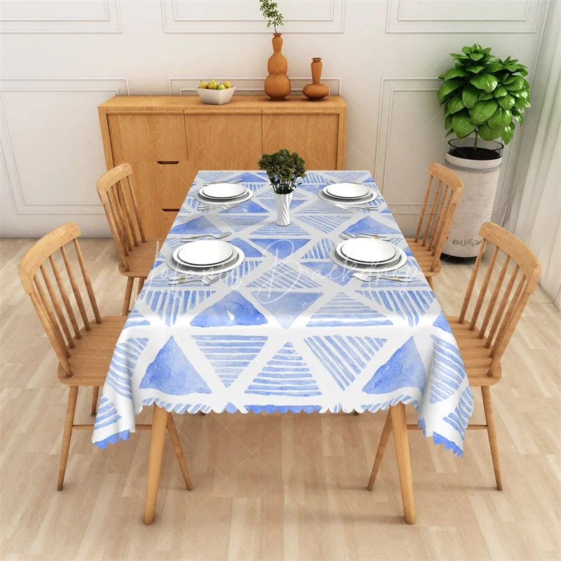 Lofaris Abstract Blue Watercolor Triangle Pattern Rectangle Tablecloth Scalloped Edge Home Dining Decor
