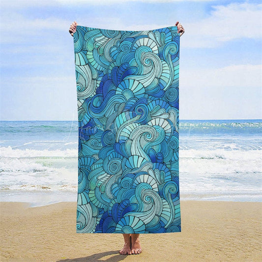 Lofaris Abstract Blue Waves Print Custom Name Beach Towel