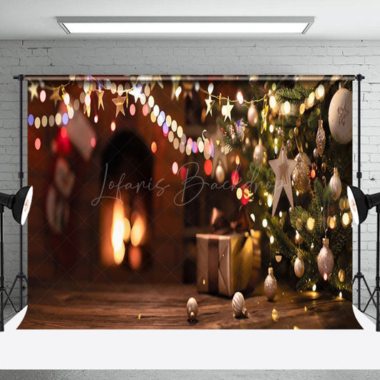 Lofaris Abstract Bokeh Lights Wood Floor Christmas Backdrop
