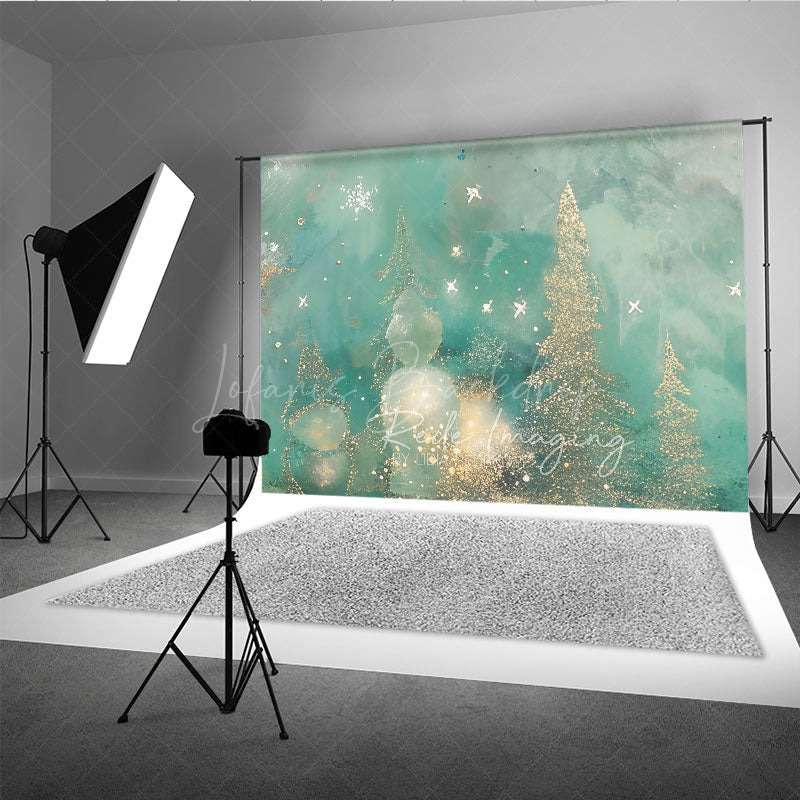 Lofaris Abstract Christmas Tree Photography Backdrop Gold and Teal with Bokeh Lights Modern Fine Art Holiday Decor