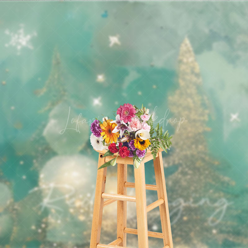 Lofaris Abstract Christmas Tree Photography Backdrop Gold and Teal with Bokeh Lights Modern Fine Art Holiday Decor