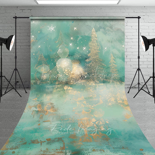 Lofaris Abstract Christmas Tree Sweep Backdrop Gold and Teal with Bokeh Lights Modern Fine Art Holiday Floor Drop