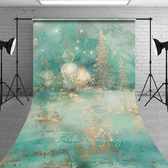 Lofaris Abstract Christmas Tree Sweep Backdrop Gold and Teal with Bokeh Lights Modern Fine Art Holiday Floor Drop