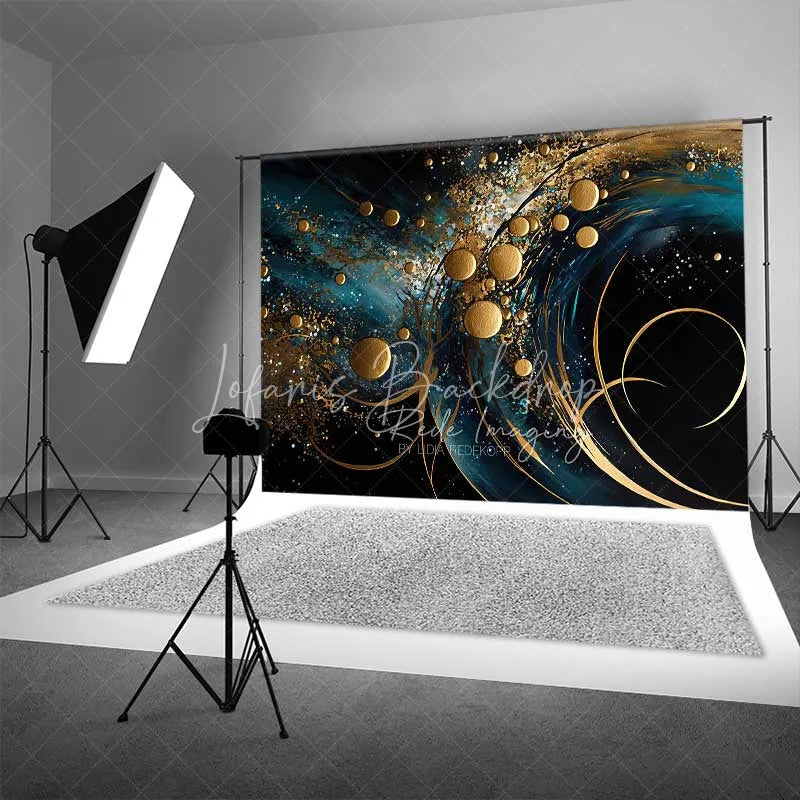 Lofaris Abstract Dark Blue Gold Fine Art Backdrop Glitter Circles Swirling Lines Studio Photography Background