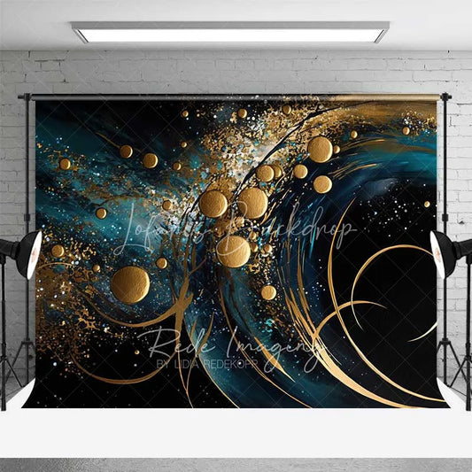 Lofaris Abstract Dark Blue Gold Fine Art Backdrop Glitter Circles Swirling Lines Studio Photography Background