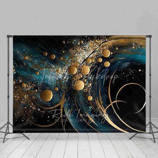 Lofaris Abstract Dark Blue Gold Fine Art Backdrop Glitter Circles Swirling Lines Studio Photography Background