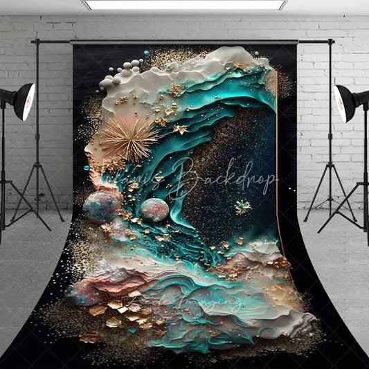 Lofaris Abstract Dark Teal Ocean Wave Backdrop Gold Foil and Textured Sea Urchin Professional Photography Background