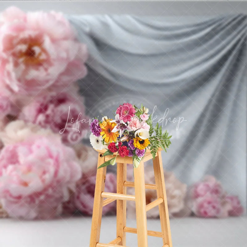 Lofaris Abstract Floral Backdrop Grey Drapes with Pink Peony Modern Minimalist Photography Background Prop