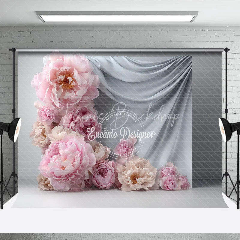 Lofaris Abstract Floral Backdrop Grey Drapes with Pink Peony Modern Minimalist Photography Background Prop