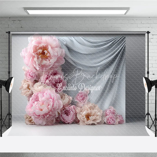 Lofaris Abstract Floral Backdrop Grey Drapes with Pink Peony Modern Minimalist Photography Background Prop