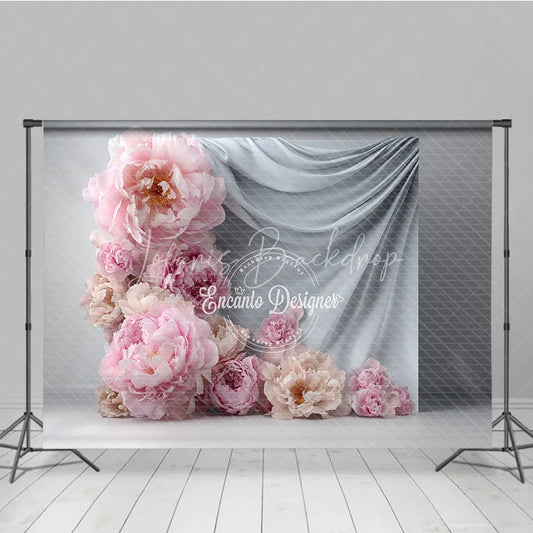 Lofaris Abstract Floral Backdrop Grey Drapes with Pink Peony Modern Minimalist Photography Background Prop