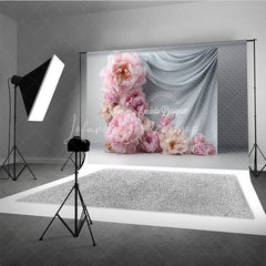 Lofaris Abstract Floral Backdrop Grey Drapes with Pink Peony Modern Minimalist Photography Background Prop