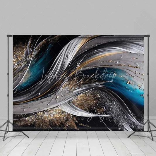 Lofaris Abstract Flowing Waves Fine Art Backdrop Dark Blue Silver Gold Glitter Studio Photography Background