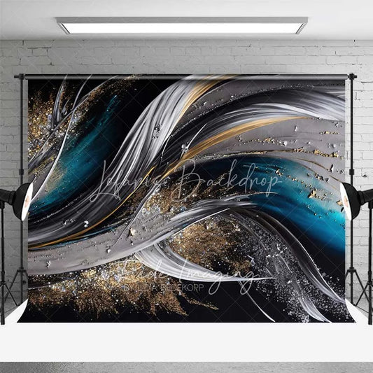 Lofaris Abstract Flowing Waves Fine Art Backdrop Dark Blue Silver Gold Glitter Studio Photography Background