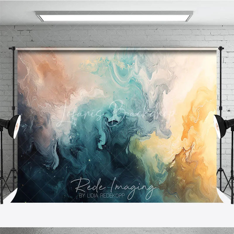 Lofaris Abstract Fluid Art Photography Backdrop Teal Blue Gold Brown Swirls Modern Studio Photo Booth Prop Decor