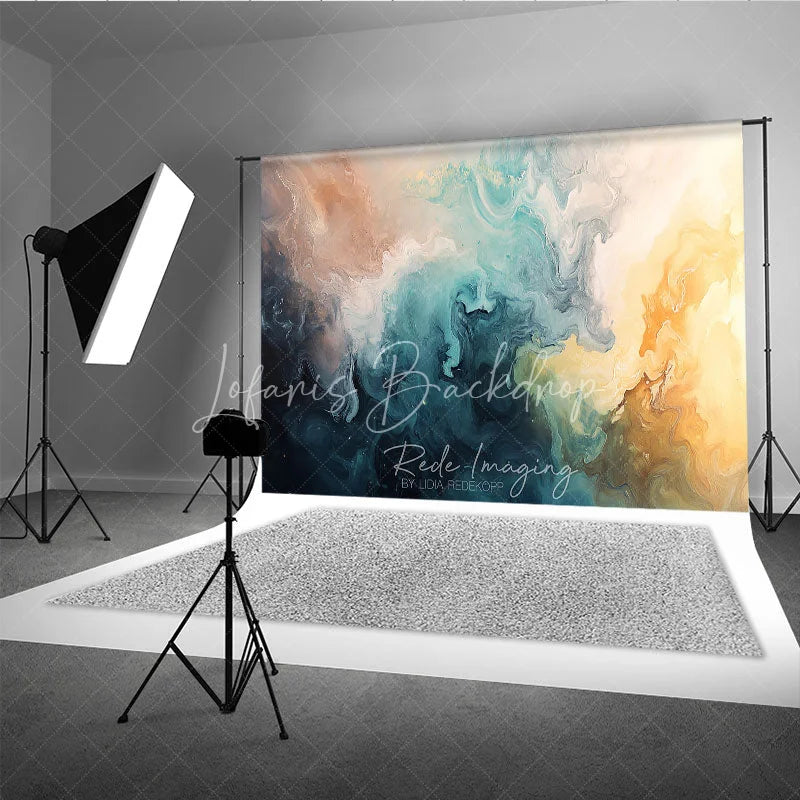 Lofaris Abstract Fluid Art Photography Backdrop Teal Blue Gold Brown Swirls Modern Studio Photo Booth Prop Decor