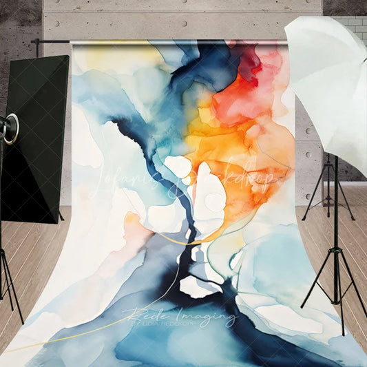Lofaris Abstract Fluid Art Sweep Backdrop Blue Orange Yellow Watercolor Design Modern Artistic Photography Studio Prop