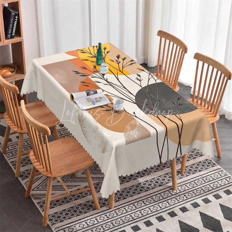 Lofaris Abstract Geometric Branches Rectangle Tablecloth Modern Orange Yellow Beige Scalloped Edge for Dining
