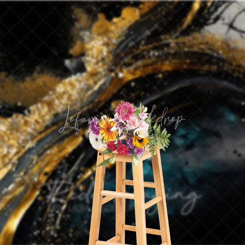 Lofaris Abstract Gold Texture Fine Art Backdrop Dark Blue Black Swirls Paint Strokes Studio Photography Background