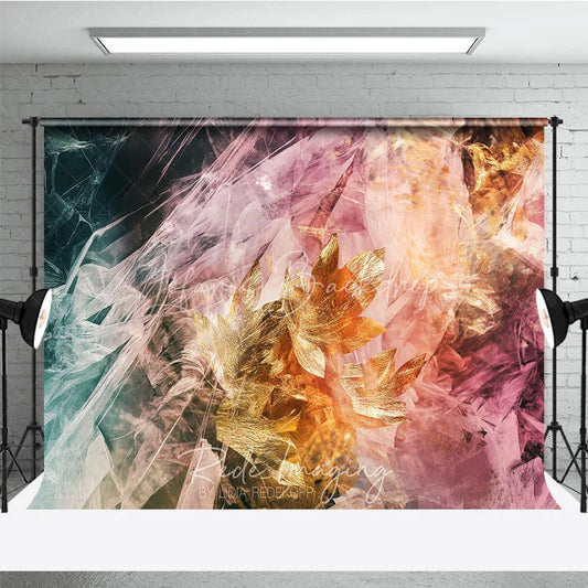 Lofaris Abstract Golden Leaves Photography Backdrop Elegant Teal Pink Gradient Ethereal Texture for Artistic Portraits