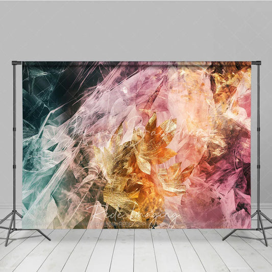 Lofaris Abstract Golden Leaves Photography Backdrop Elegant Teal Pink Gradient Ethereal Texture for Artistic Portraits
