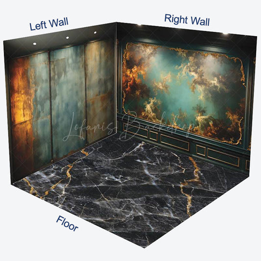 Lofaris Abstract Green Gold Textured Marble Room Set Backdrop