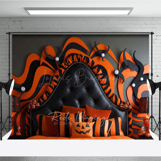Lofaris Abstract Halloween Headboard Photography Backdrop Orange and Black Wavy Stripes Modern Spooky Bedroom Photo Prop