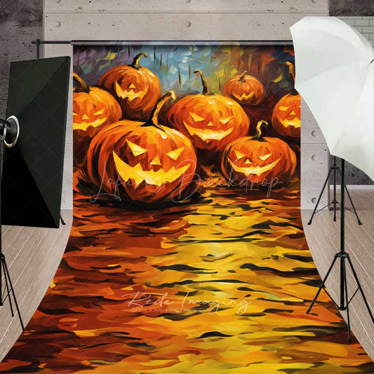 Lofaris Abstract Jack O’ Lantern Oil Painting Sweep Photography Backdrop with Floor Colorful Carved Pumpkins Photo Prop