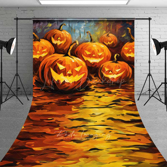 Lofaris Abstract Jack O’ Lantern Oil Painting Sweep Photography Backdrop with Floor Colorful Carved Pumpkins Photo Prop