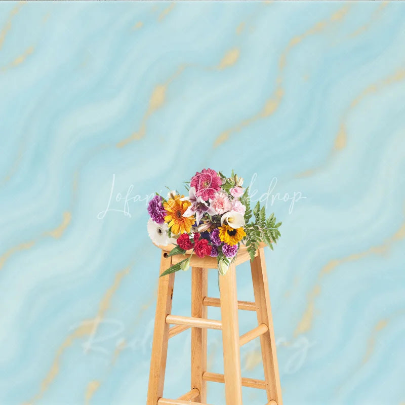 Lofaris Abstract Light Blue and Turquoise Wavy Photography Backdrop with Gold Glitter Elegant Marble Texture
