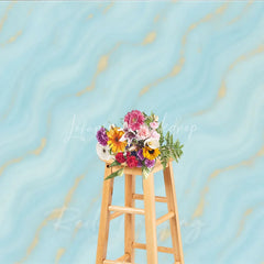 Lofaris Abstract Light Blue and Turquoise Wavy Photography Backdrop with Gold Glitter Elegant Marble Texture