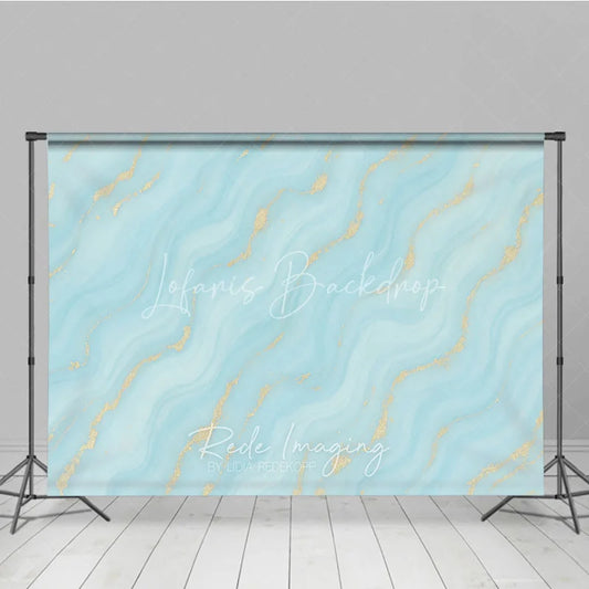 Lofaris Abstract Light Blue and Turquoise Wavy Photography Backdrop with Gold Glitter Elegant Marble Texture