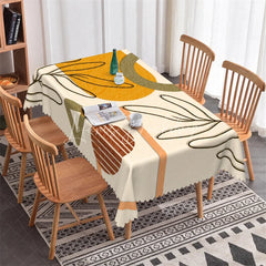 Lofaris Abstract Modern Art Rectangle Tablecloth with Mustard Yellow and Olive Green Shapes Black Line Design for Dining Decor